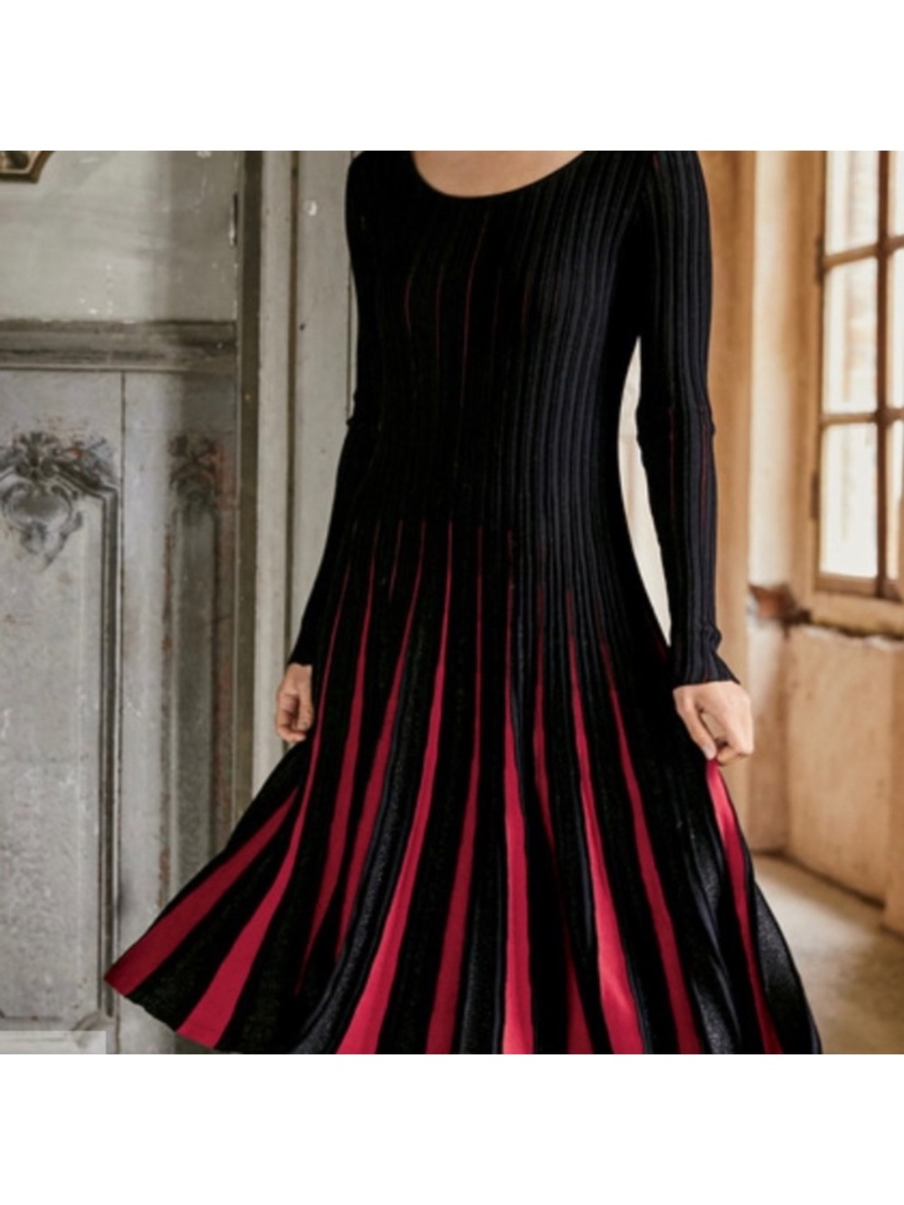 Peruvian Connection Black Red Fit Flare Striped Sparkle Scoop Neck Ribbed Dress